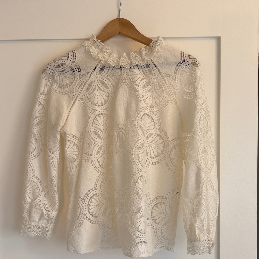 Sézane Cream Lace Eyelet Ruffle-Neck Blouse